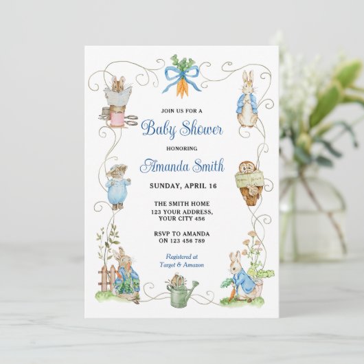 Peter Rabbit Friends Baby Shower Einladung (Stehend Vorderseite)