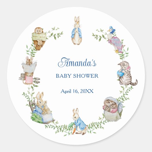Peter Rabbit Friends Baby Shower Runder Aufkleber (Vorderseite)