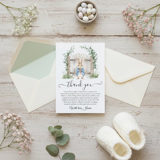 Peter Rabbit Garden Gate Greenery Baby Shower Dankeskarte