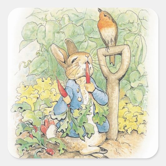 Peter Rabbit im Garten - Beatrix Potter Quadratischer Aufkleber (Vorderseite)