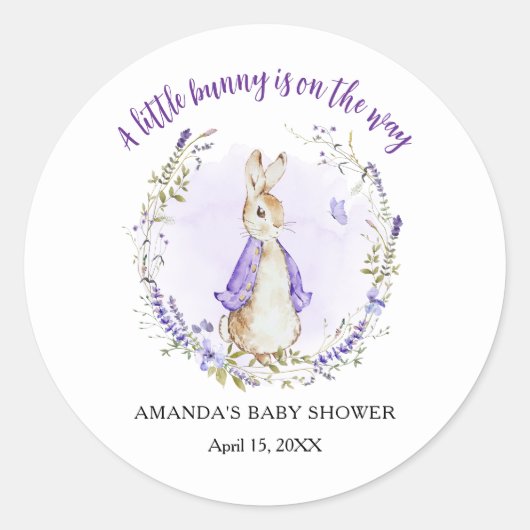 Peter Rabbit Lila Baby Shower Runder Aufkleber (Vorderseite)