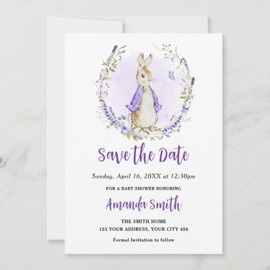 Peter Rabbit Lila Baby Shower Save The Date (Vorderseite)