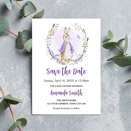 Peter Rabbit Lila Baby Shower Save The Date
