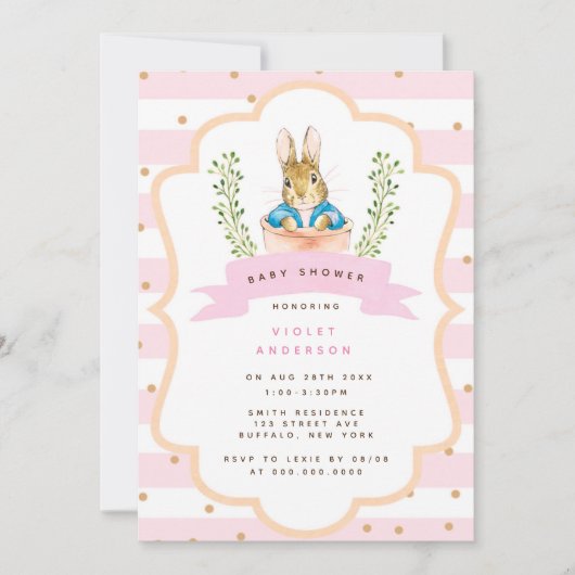 Peter Rabbit Pastel Pink Girl Babydusche Einladung (Vorderseite)