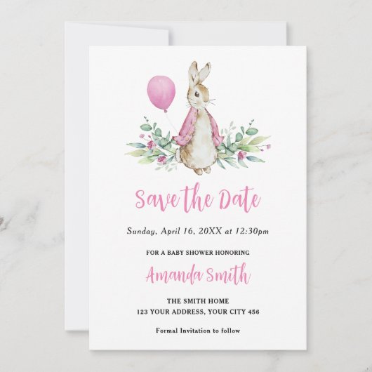 Peter Rabbit Pink Baby Dusche Save The Date (Vorderseite)