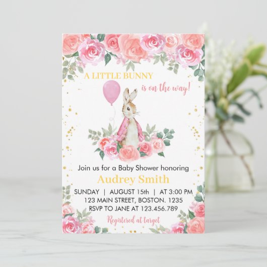 Peter Rabbit Pink Kinderdusche Einladung (Stehend Vorderseite)