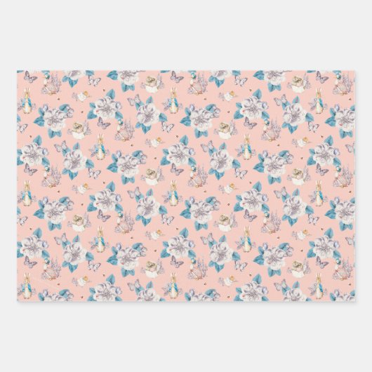 Peter Rabbit | Rosa Blumengartenmuster Geschenkpapier Set (Vorderseite)
