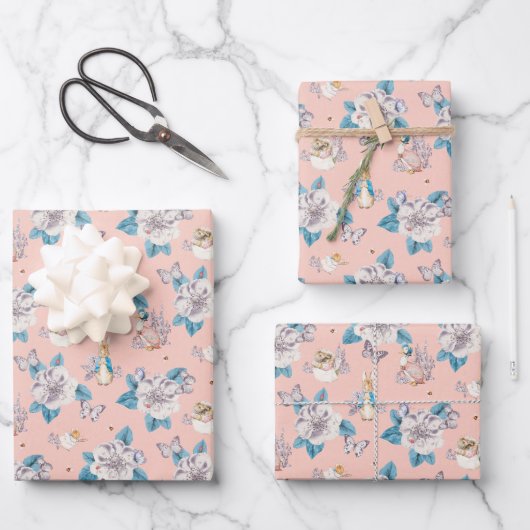 Peter Rabbit | Rosa Blumengartenmuster Geschenkpapier Set (Vorderseite)