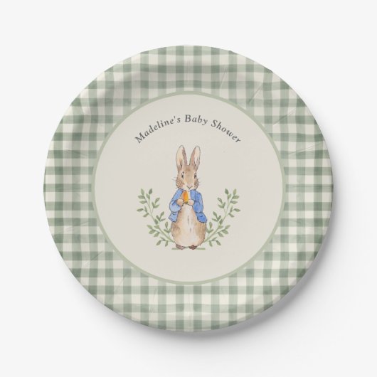 Peter Rabbit Sage Green Gingham Baby Shower Pappteller (Vorderseite)