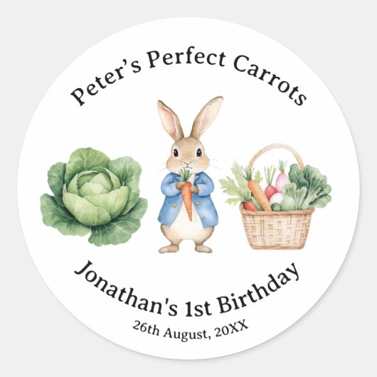 Peter Rabbit Veggie Basket Baby Shower Gefallen Runder Aufkleber (Vorderseite)