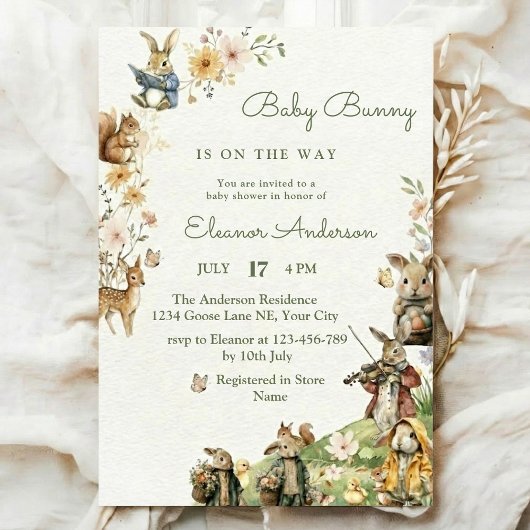 Peter Rabbit watercolor flower animal baby shower Einladung