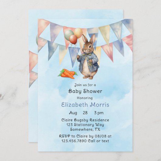 Peter Rabbit Watercolor Kinderdusche Einladung (Vorne/Hinten)