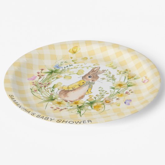 Peter Rabbit Wildblume & Gingham Baby Shower Pappteller (Schrägansicht)
