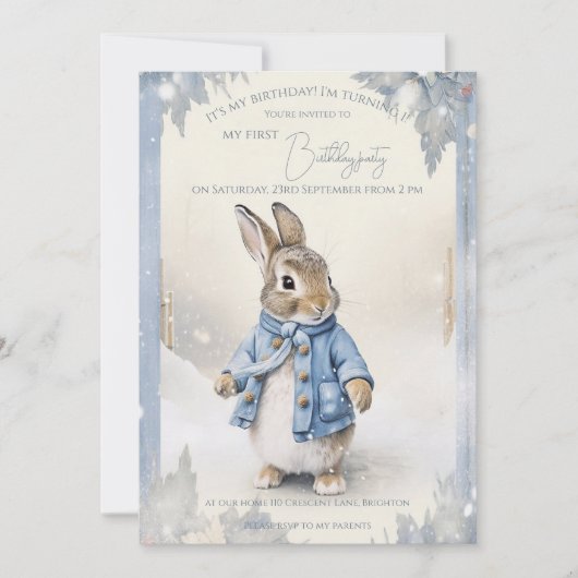 Peter Rabbit Winterurlaub 1. Geburtstag Einladung (Vorderseite)