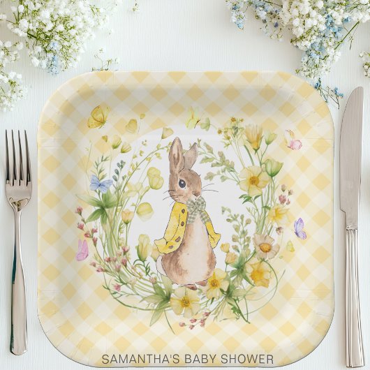 Peter Rabbit Yellow Wildblume Gingham Baby Shower Pappteller