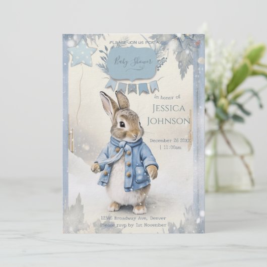 Peter Rabbit's Winter Holidays Baby Shower Einladung (Stehend Vorderseite)