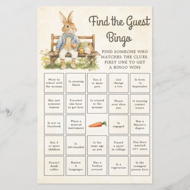 Peter The Rabbit Baby Dusche finden Gast Bingo (Vorderseite)