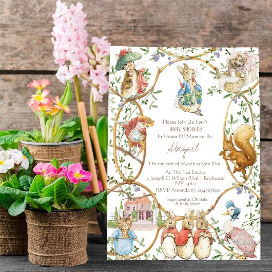 Peter the Rabbit Beatrix Woodland Baby Shower Einladung