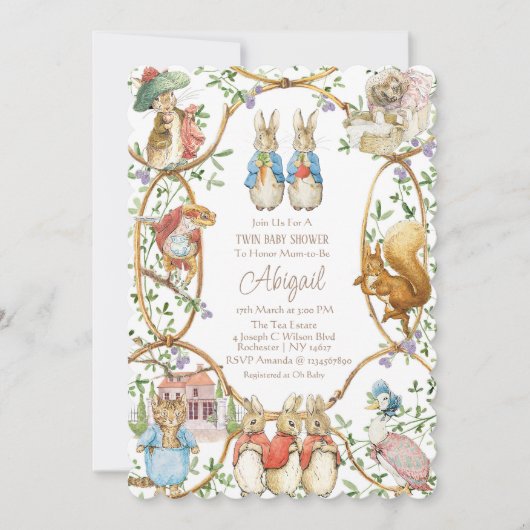 Peter the Rabbit Beatrix Woodland Twins Baby Showe Einladung (Vorderseite)