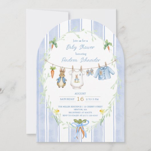 Peter the Rabbit Clothesline Baby Shower Einladung (Vorderseite)