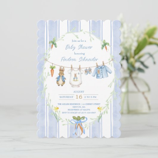 Peter the Rabbit Clothesline Baby Shower Einladung (Stehend Vorderseite)