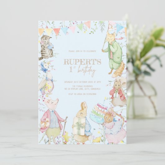 Peter the Rabbit First Blue Birthday Einladung (Stehend Vorderseite)