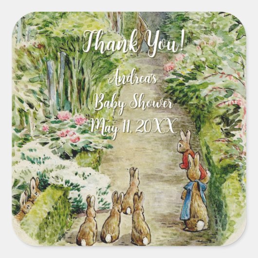 Peter the Rabbit Garden Baby Shower Quadratischer Aufkleber (Vorderseite)