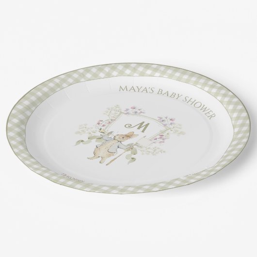 Peter the Rabbit Gingham Wappen Gender Baby Shower Pappteller (Schrägansicht)