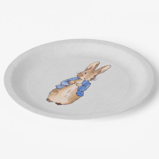 Peter the Rabbit graue Leinenstruktur Pappteller (Schrägansicht)
