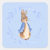 Peter the Rabbit mit Blue Leafy Wreath Quadratischer Aufkleber (Vorderseite)