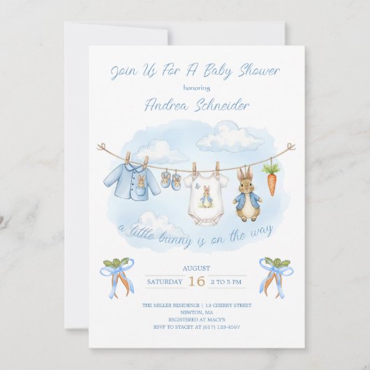 Peter the Rabbit Niedlich Clothesline Baby Shower Einladung (Vorderseite)