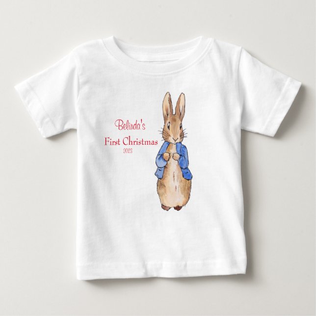 Peter the Rabbit Personalise First Christmas Baby T-shirt (Vorderseite)