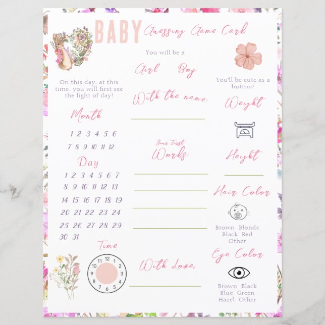 Peter the Rabbit Pink Floral Girl Baby Shower (Vorderseite)