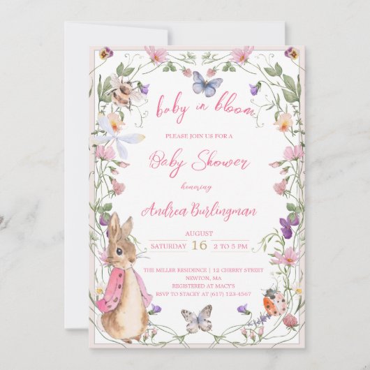 Peter the Rabbit Pink Floral Girl Baby Shower Einladung (Vorderseite)