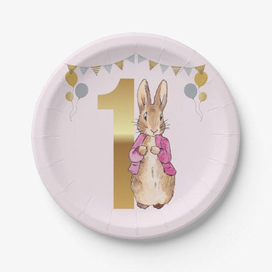 Peter the Rabbit Pink Jacket Erster Geburtstag Pappteller (Vorderseite)