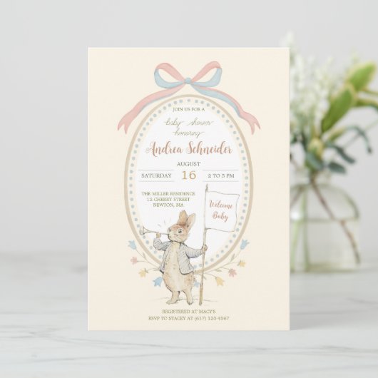 Peter the Rabbit Ribbon Garden Baby Shower Einladung (Stehend Vorderseite)