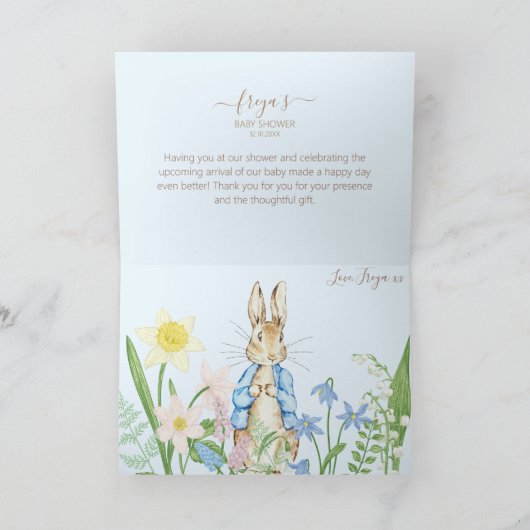 Peter the Rabbit Spring Blooms Blue Baby Dusche Dankeskarte (Innenseite)