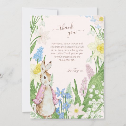 Peter the Rabbit Spring Blooms Pink Baby Dusche Dankeskarte (Vorderseite)
