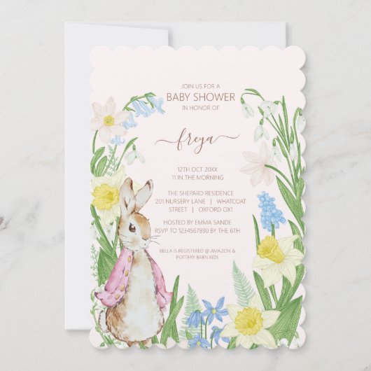 Peter the Rabbit Spring Blooms Pink Baby Dusche Einladung (Vorderseite)