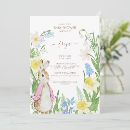 Peter the Rabbit Spring Blooms Pink Baby Dusche Einladung (Stehend Vorderseite)