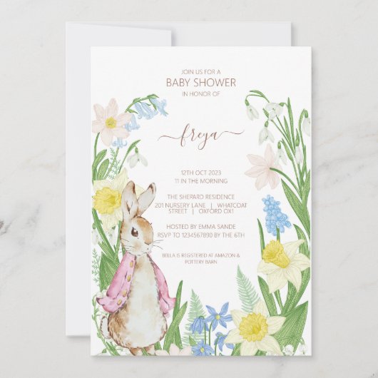 Peter the Rabbit Spring Blooms Pink Baby Dusche Einladung (Vorderseite)