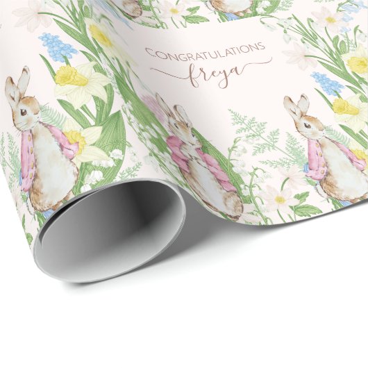 Peter the Rabbit Spring Blooms Pink Baby Dusche Geschenkpapier (Rolleneckpunkt)