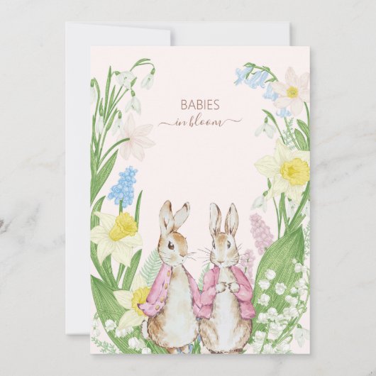 Peter the Rabbit Twins Blooms Pink Baby Dusche Einladung (Rückseite)