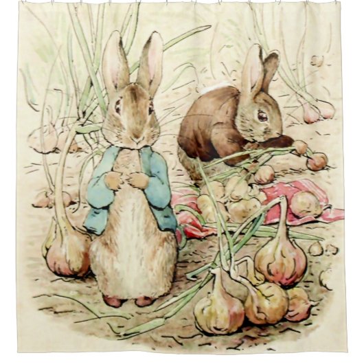 Peter und Benjamin Gather Onions von Beatrix Potte Duschvorhang (Vorderseite)