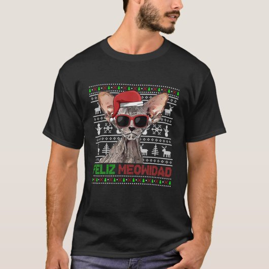 Peterbald Cat Feliz Meowidad Funny Christmas T-Shirt (Vorderseite)