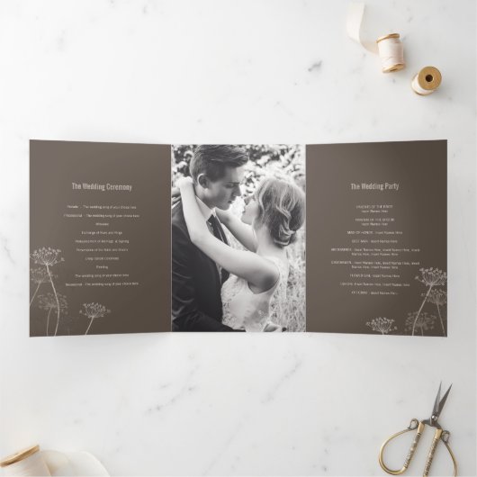 Petersilie, geblümte braune Hochzeit im Herbst Dreifach-gefaltete Programmkarte (Innenseite)