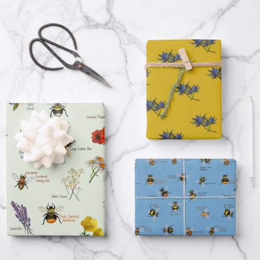 PetitArt | Bienen und Wildblumen Set von 3 Wrappin Geschenkpapier Set (Vorderseite)
