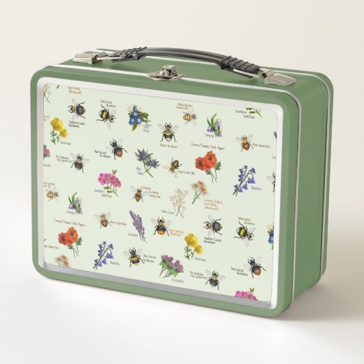 PetitArt | Britische Biene und Wildblume | Grün Metall Brotdose (Vorderseite)