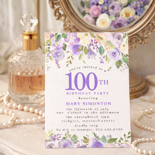 PETITE 100. Geburtstagsfeier Lila Rosen Floral Einladung