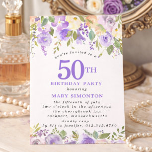 PETITE 50. Geburtstagsfeier Lila Rosen Blumenstrau Einladung